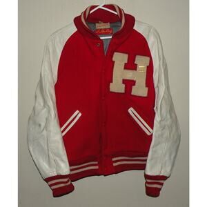 Vtg 60s Ukes Sports Great Falls Wool Leather Red White Varsity Lettermans Jacket
